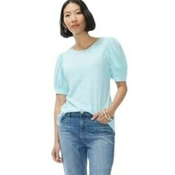 Chico's Blue Cotton Slub Puff Elbow Sleeve Pullover Tee Sz 1 S-M  Cotton Modal - Picture 1 of 6